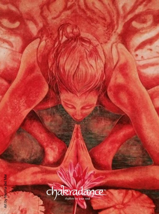 Mandala del chakra del corazón en tonos rojos y dorados